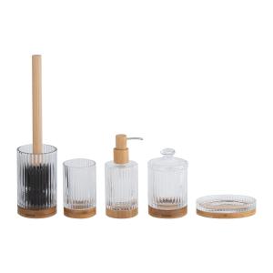 Wholesale Glass Bathroom Countertop Accessories Clear With Round Shape And Ribbed Vertical Stripe And Wood Base Toothbrush Tumbler Soap Dish Cotton Jar from china suppliers