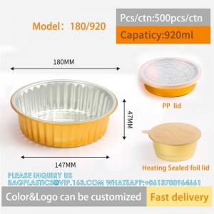 Wholesale 180mm Diameter 920ml Smooth Wall Gold Disposable Tin Foil Tray Aluminium Foil Food Container With Pla Heat Seal Lid from china suppliers