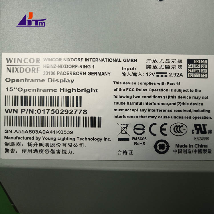 Wincor Nixdorf 15" Openframe High Bright Display LCD 01750292778 1750292778
