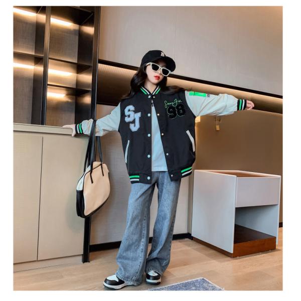 Girls Black And White Baseball Jacket Thick Patchwork Printed Sizes 120-170