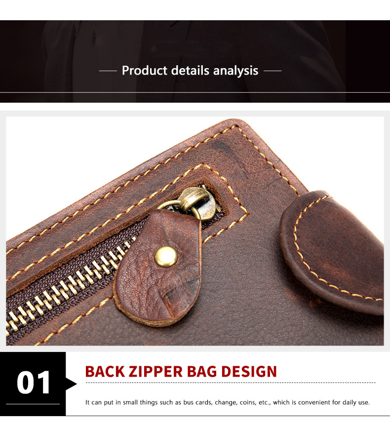 Original Retro Style Men's Wallet with Zipper Closure and Genuine Leather Material