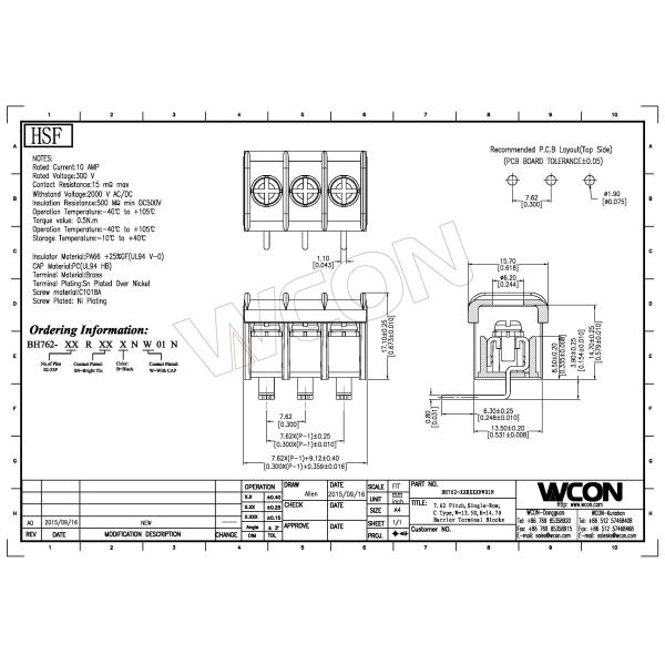 1*3P 7.62 Barrier Terminal Block Connector C Type With DIP=6.3 PA66 BlacK SN Plated