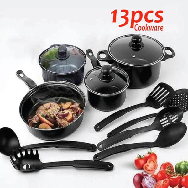 Kitchen 13 Piece Non Stick Cast Iron Cookware Set Black Pot And Pans