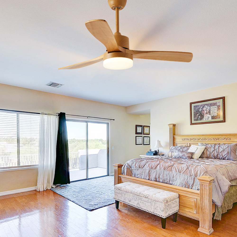 1stshine 220V DC 52" Solid Wood Blades Ceiling Fan with Light and 3 Color LED Light