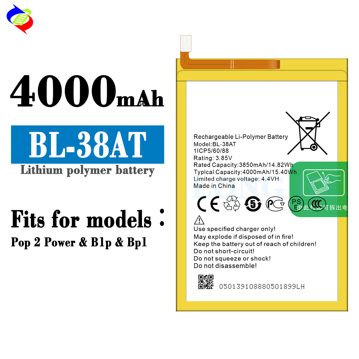 4000mAh BL-38AT BP1 B1p Mobile Phone Battery for Tecno POP 2 Power Battery in Yellow