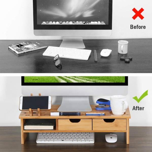 Single-Tier 54x22.5x14cm Bamboo Computer Monitor Riser with Desktop Stand and 2 Drawer