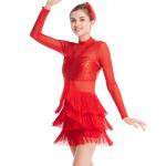 Long Sleeves Stunning Tap Costume Rows Fringes Mock Neck Dance Dress Performance
