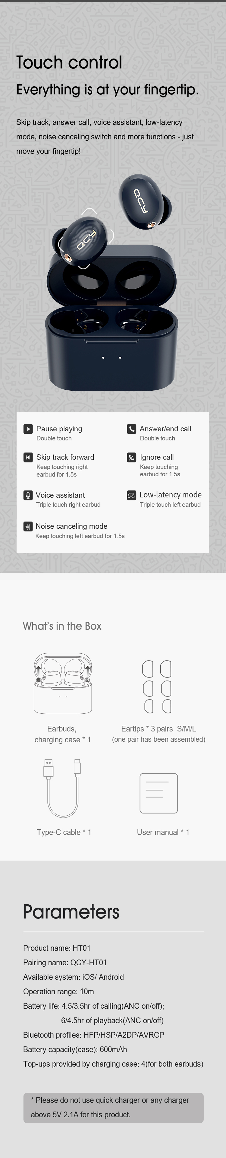 2021 QCY Wireless Earbuds Noise Cancelling HT01 Wireless Charging Headphones Earphone HT01