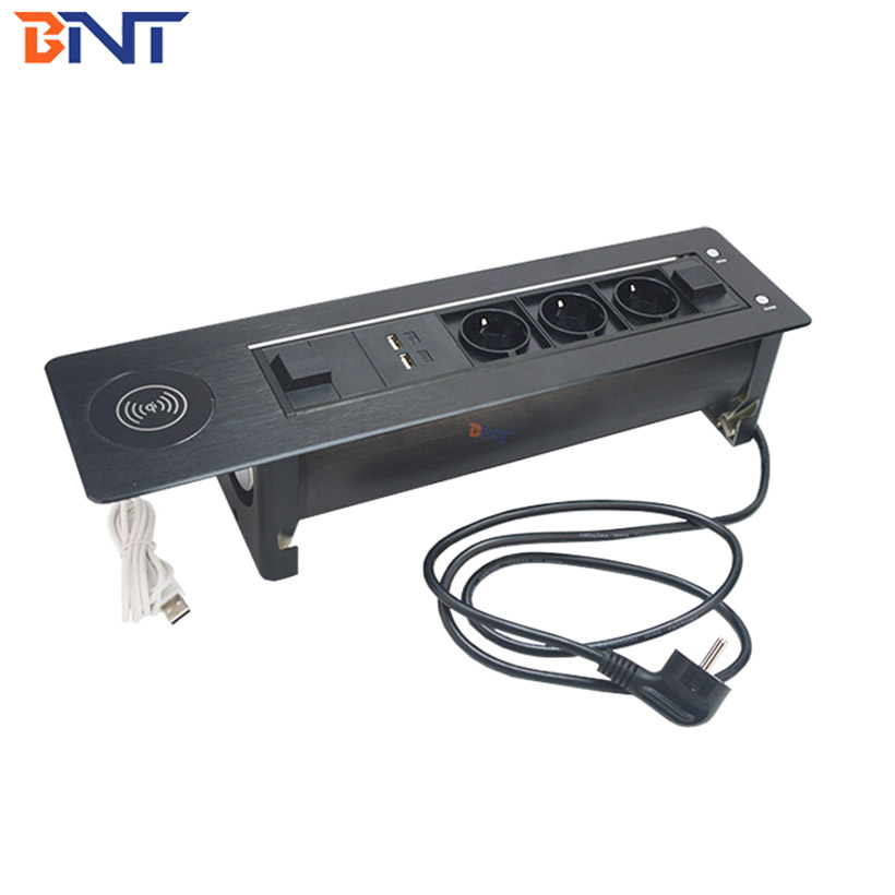 Motorized overturn aluminum alloy wireless charger desk flip up power socket with EU plug