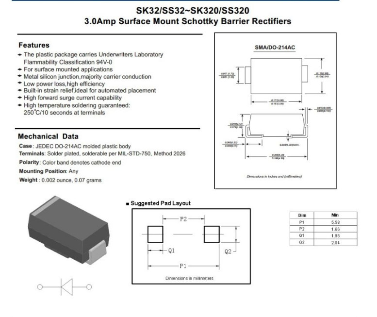 3A Schottky Barrier Rectifier Ss32 Thru Ss320 SMA/Do-214AC Package
