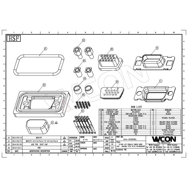WCON D-SUB Connector Female Three Row 15P Water Proof PBT Black ROHS