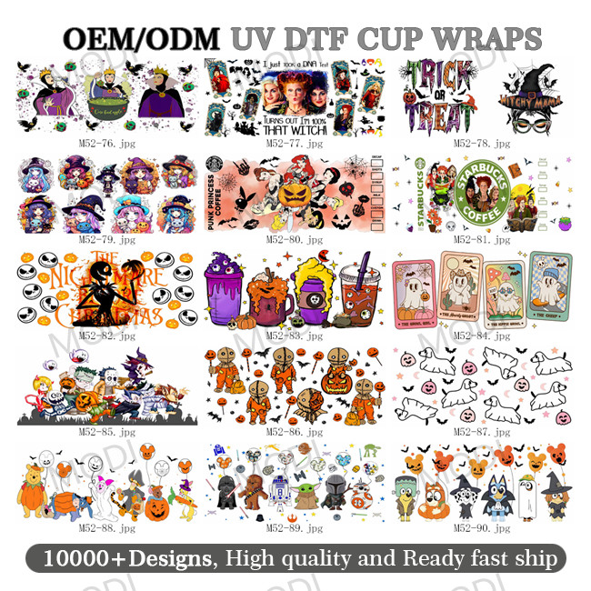16OZ UV DTF Transfers For Halloween Cup Wrap Designs On Glass Tumblers For Custom Projects