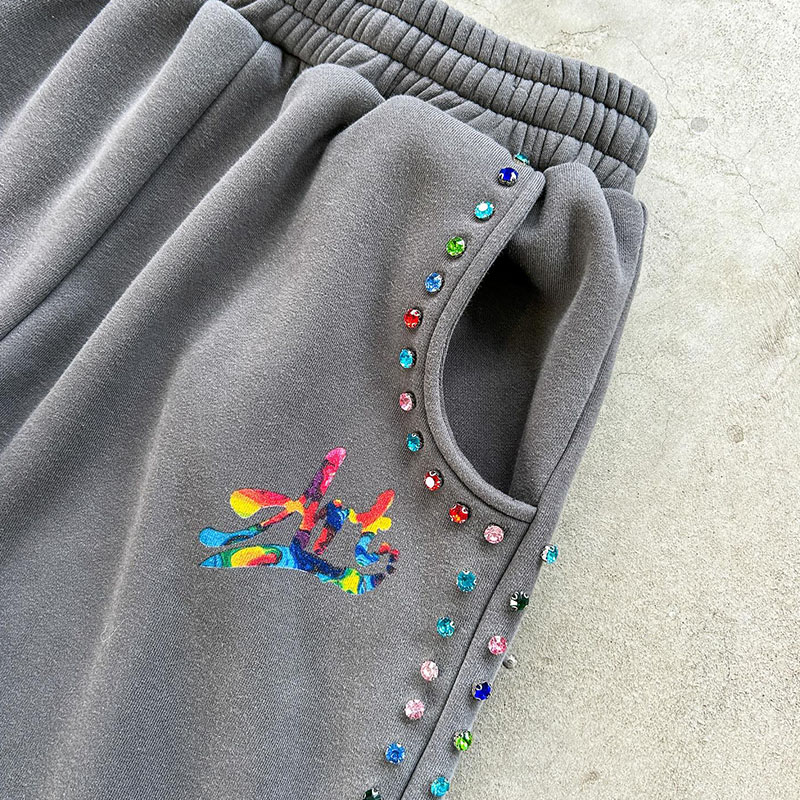Custom Diamond Hoodie Set Rhinestone Acid Washed Vintage Embroidered Hoodies Sweat Pant Heavyweight Hoodie And Sweatpants Set
