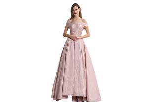 Wholesale Off Shoulder Pink Color Evening Gowns With Sleeves And Crystal At Waist from china suppliers