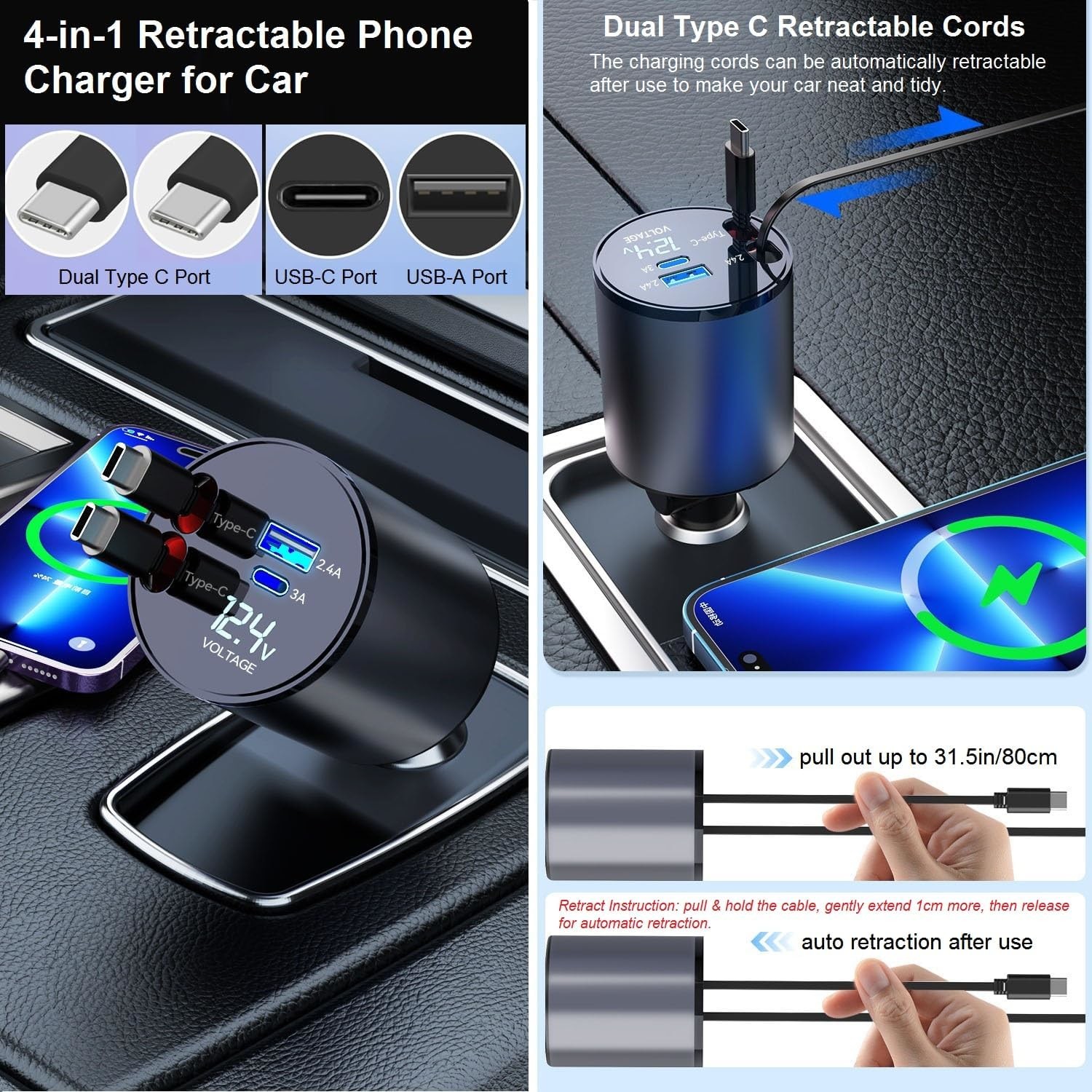 4 In 1 Retractable Fast Car Phone Charger Dual Type-C 120W Cigarette Lighter USB PD