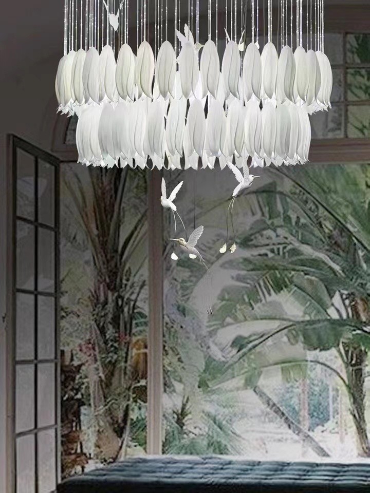 Ceramic Porcelain White Flower Decorative Chandelier Wedding Pendant Lamp For Hotel