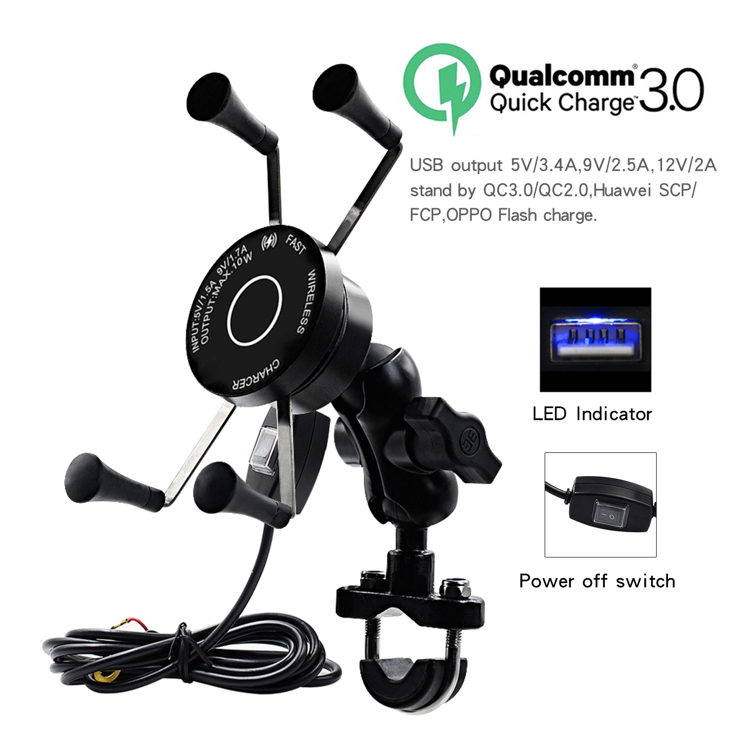 Universal QC3.0 5W Motorcycle Wireless Charger Mount For Huawei