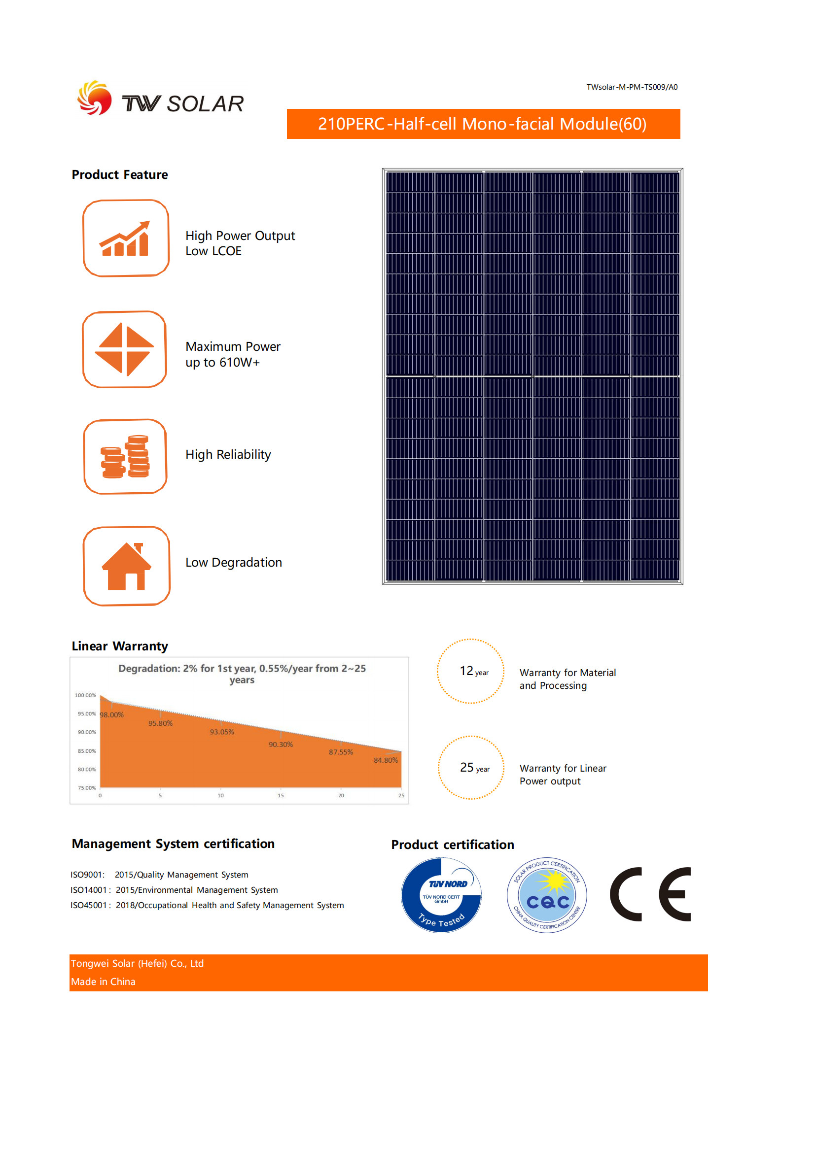 Photovoltaic Tongwei Solar Panel 210mm Half Cell 600W 605W 610W Solar Panel