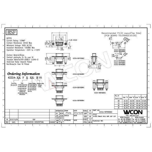WCON 180° DIP Right Angle DB9 Connector D - SUB for PCB PBT black With Back Fork Screw