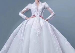 Wholesale Custom White Ladies Bridal Gown With Sleeves Deep V Neck Buttons Back Style from china suppliers