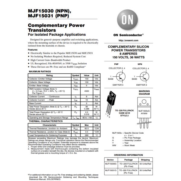 MJF15031G Bipolar (BJT) Transistor PNP 150 V 8 A 30MHz 2 W Through Hole TO-220FP