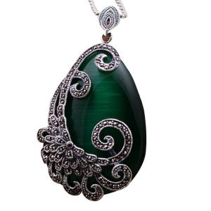 Wholesale 925 Silver Drop Shape Green Opal Marcasite Retro Pendant Necklace (N20180410GREEN) from china suppliers