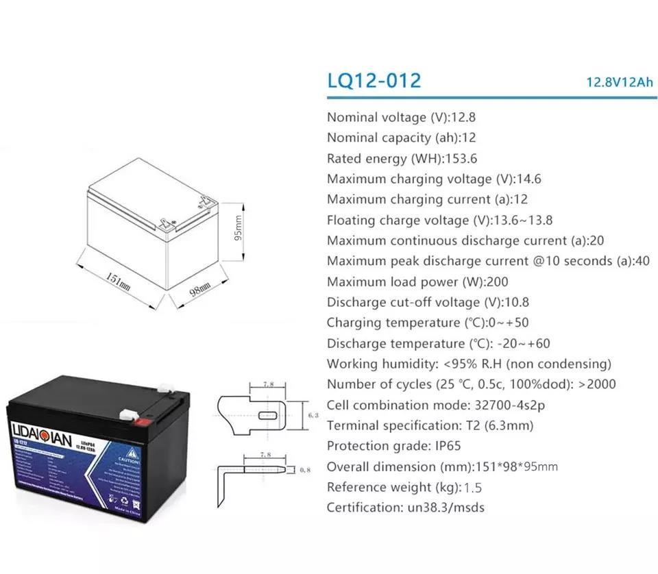 6000 Cycles Solar Energy Storage Battery 12ah Lithium Phosphate 12v