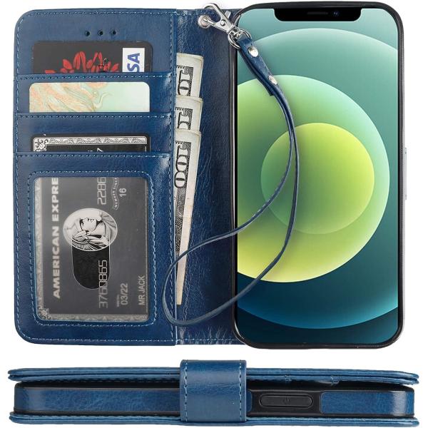 Compatible with iPhone 12/Pro wallet case with card holder PU leather stand shock-proof wrist strap clamshell 6.1-inch