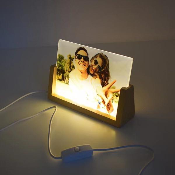 U Shape LED Wooden Base Sublimation Acrylic Photo Panel Customized Light Up Desktop Memorial Photo Frame