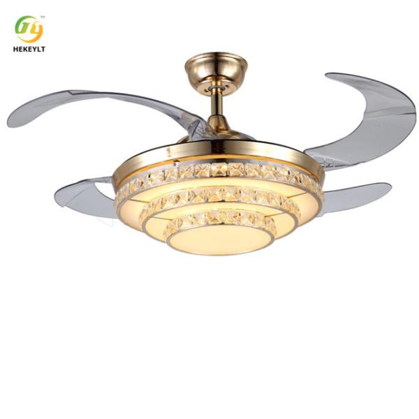 LED Crystal And Metal Gold Ceiling Fan Light With Remote Control 4 Blades 72W 42