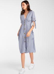 Wholesale V Neck Light Color Custom Womens Dresses Striped With Single Breasted Buttons from china suppliers