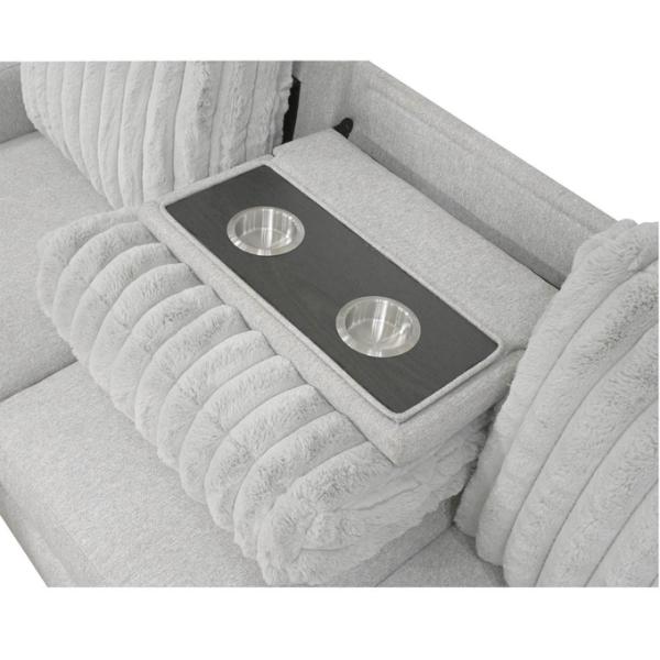 L Shaped Sectional Sofa with Dropdown Table and Reversible Chaise, Light Gray Fabric