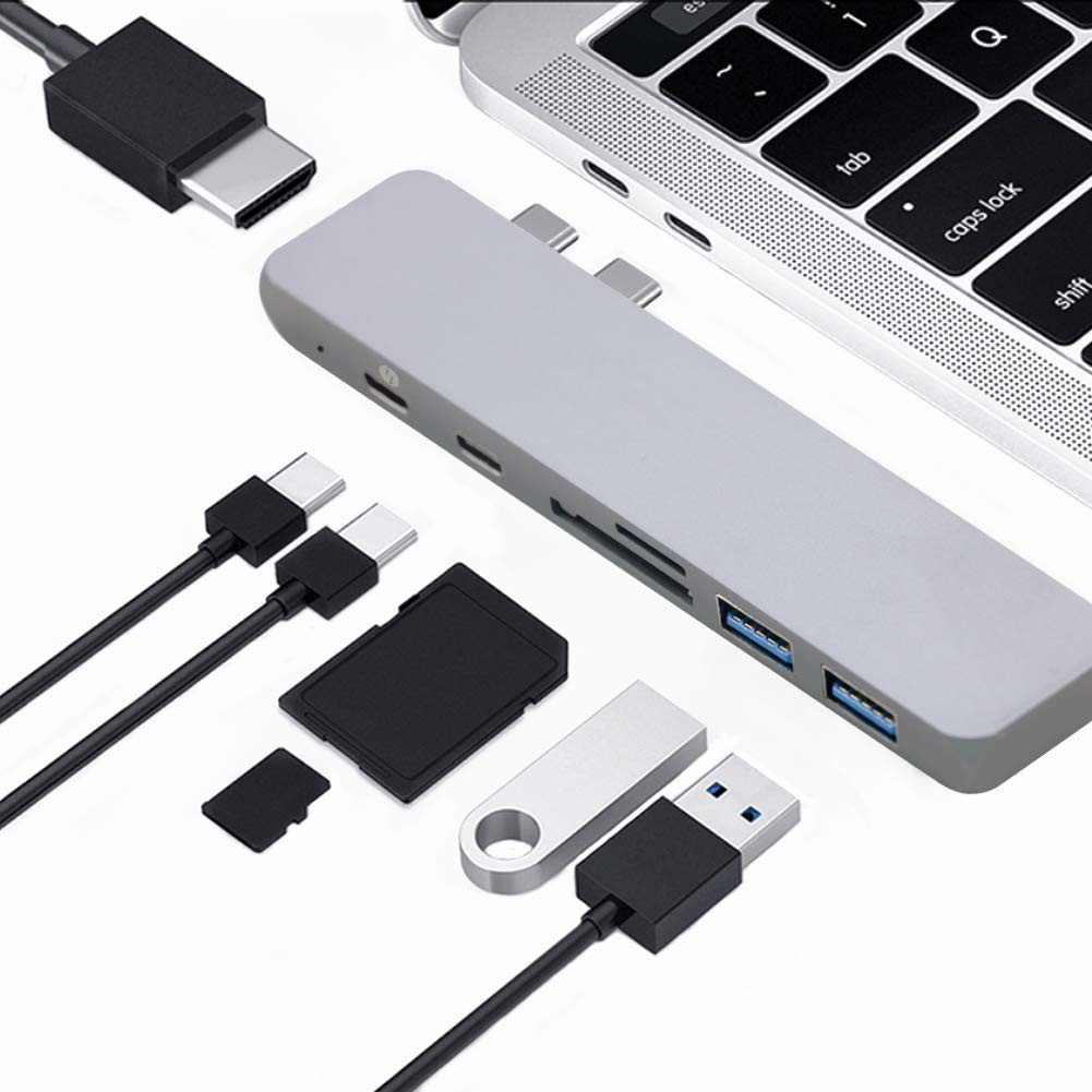 7-in-1 USB C Hub for MacBook Pro PC w USB-C Port USB-C 40Mbps100W Power Delivery USBC 5Gbps Data 4K TF/SD card read
