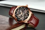 KINYUED oem waterproof custom logo leather fashion tourbillon skeleton wrist