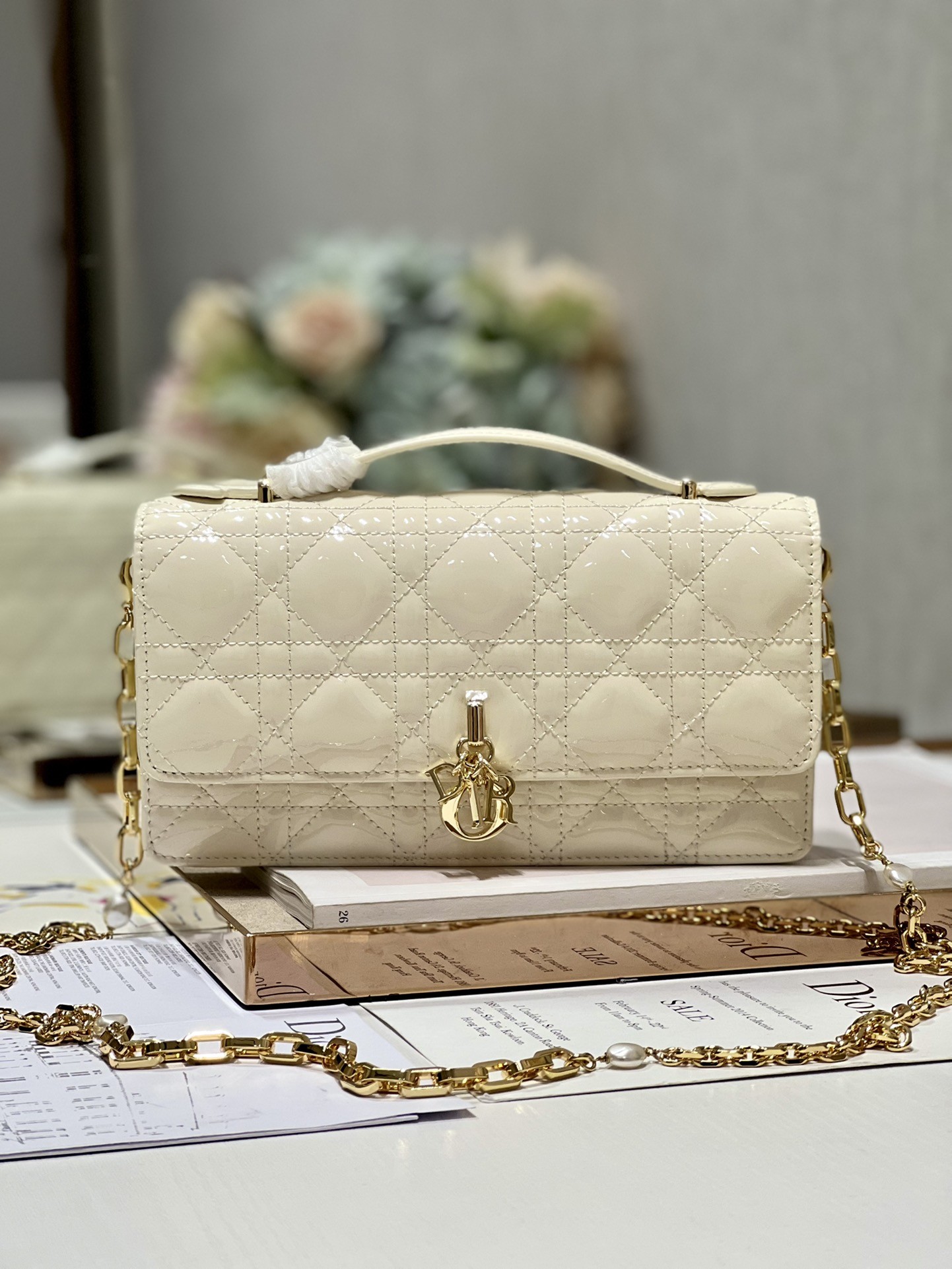 Branded Lady Dior Patent Clutch Small Pearl Black Flip Closure