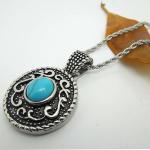 925 Silver Plated Titanium Steel Rope Chain with Vintage Old Turquoise Pendant