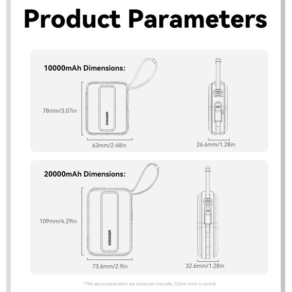 Essager ES-D024 Small 22.5W Digital Display 10000 Mah Fast Charging Power Bank Built in Cable