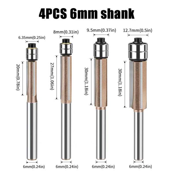 6mm 1/4 Handle Cnc End Mill Bits Double Bearing Woodworking Cutting Tools