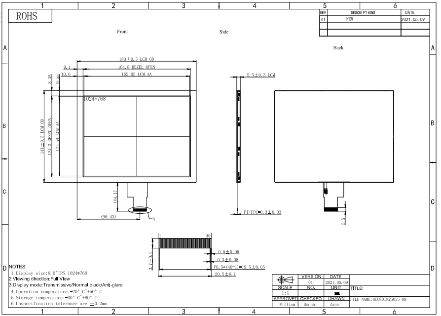 40pin LVDS Interface 8 TFT LCD Display 1024×768 250nits Brightness