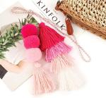 Colorful Bohemian Pompom Tassel Keychain Handbags Straw Bag Charms Ornaments Key