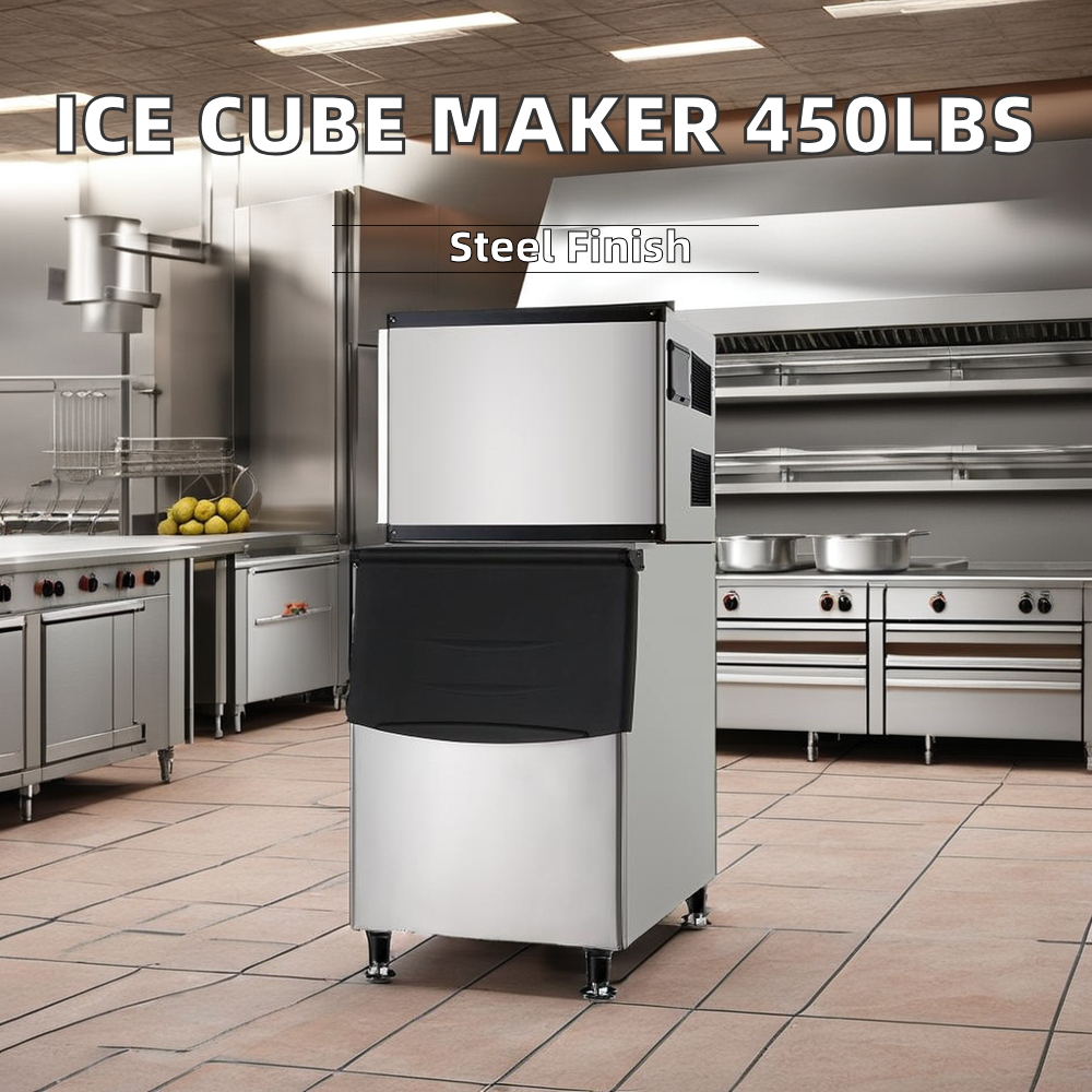 Commercial Kitchen Cafe Stainless Steel Ice Cube Maker Machine 450 Lbs/24H 3-Year Warranty 220V Core Pump Motor Refrigerator