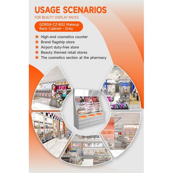 GDR04-CZ-B02 Makeup Display Rack with Grey Melamine Board and LED Strip Lights for Cosmetic Retail Stores