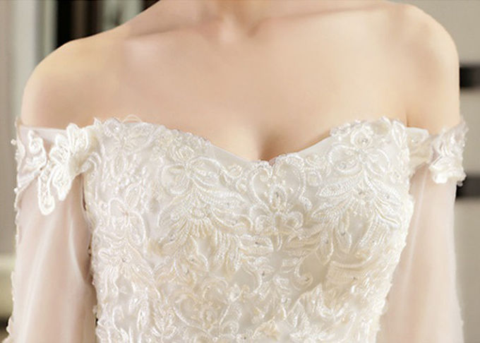 Half Sleeve Ivory Lace Mermaid Wedding Dress Beading Off Shoulder Back Bandage