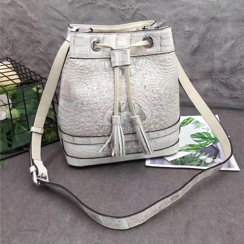 Authentic Crocodile Skin Drawstring Closure Women's Bucket Purse Exotic Alligator Leather Lady Small Tassel Shoulder Bag