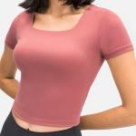 Short Sleeves Square Neck Breast Pad Elegant Women Fitness Shirt Yoga Wear