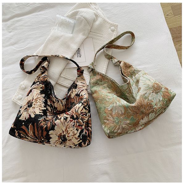 LARGE CAPACITY WOMEN'S BAG FRENCH SIMPLE CANVAS BAG OIL PAINTING NATIONAL STYLE SHOULDER BAG TOTE BUCKET BAG