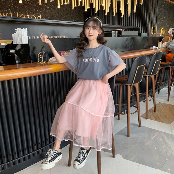 Girls Gray Round Collar T-Shirt Net Gauze Skirt Summer Dress Two Sets