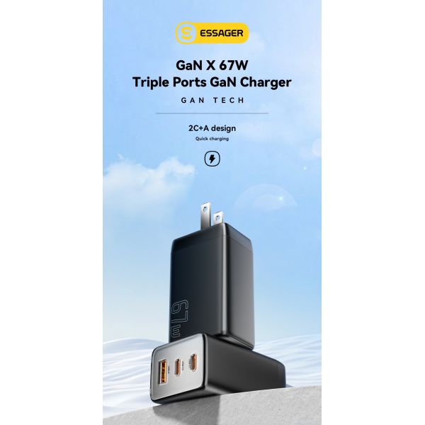 Cell Phone 3 Ports GaN Fast Charger USB C To USB C 67W ESSAGER G671A2CU1 Series
