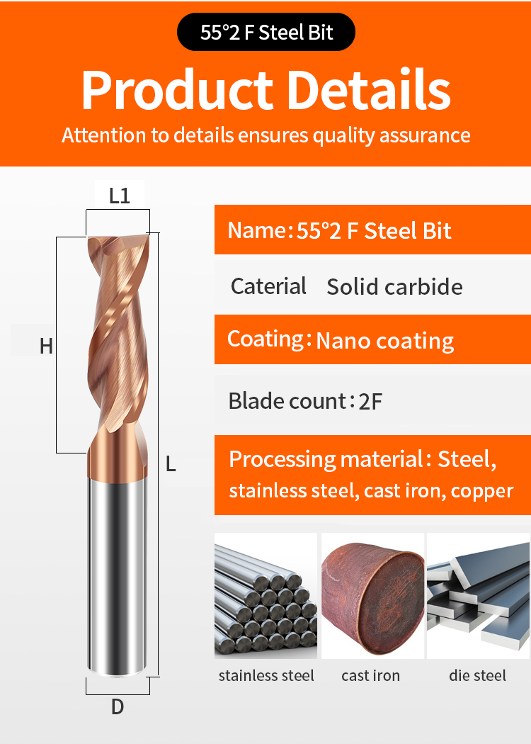 OEM Customizable Metal Milling Cutter HRC55 Solid Flat End Mill 2 Flute