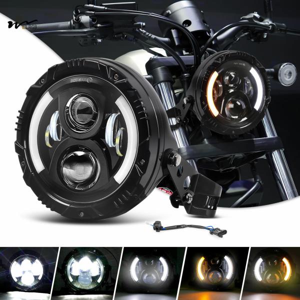 Motorcycle Headlights with Housing Bucket 7Inch Round LED DRL and Amber Turn